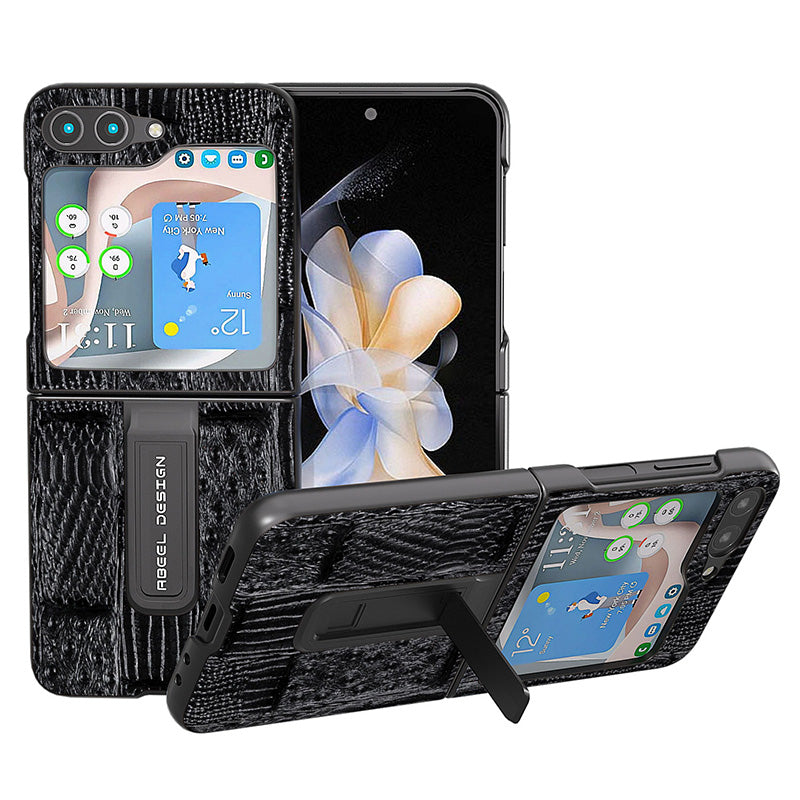 ABEEL For Samsung Galaxy Z Flip5 5G Mahjong Texture Kickstand Cover Genuine Cow Leather PC Phone Case ABEEL For Samsung Galaxy Z Flip5 5G Mahjong Texture Kickstand Cover Genuine Cow Leather PC Phone Case